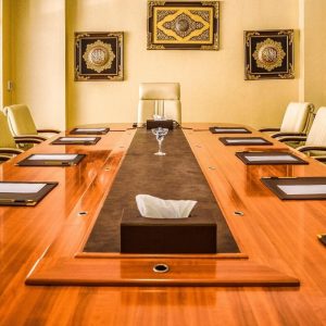 Professional boardroom and meeting room facilities with Islamic wall art at Sapphire Plaza Hotel Doha